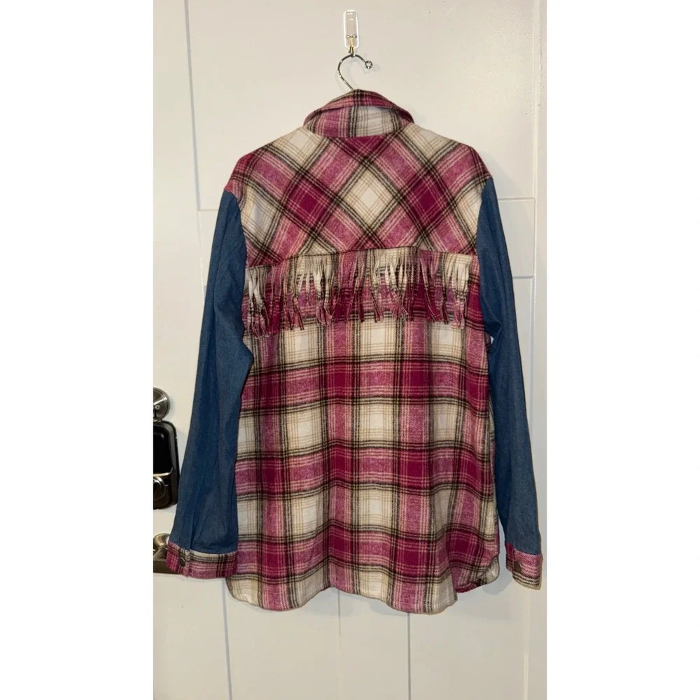 Umgee Plaid Denim Mixed Media Fringe Shacket Pink Brown K6246 Mens M